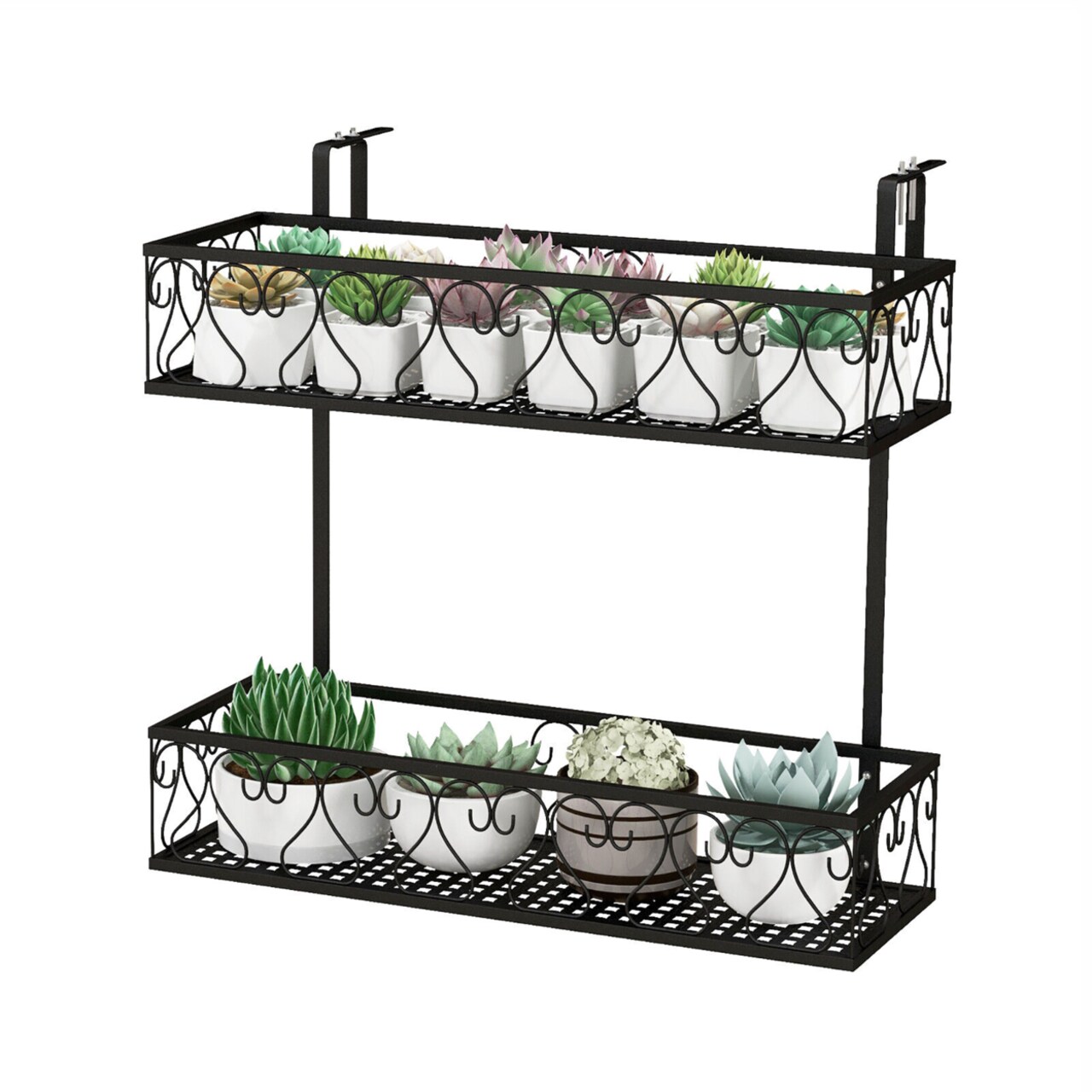 2-Tier Flower Pot Holder Balcony Hanging Rack Railing Shelf W/ Adjustable Hooks